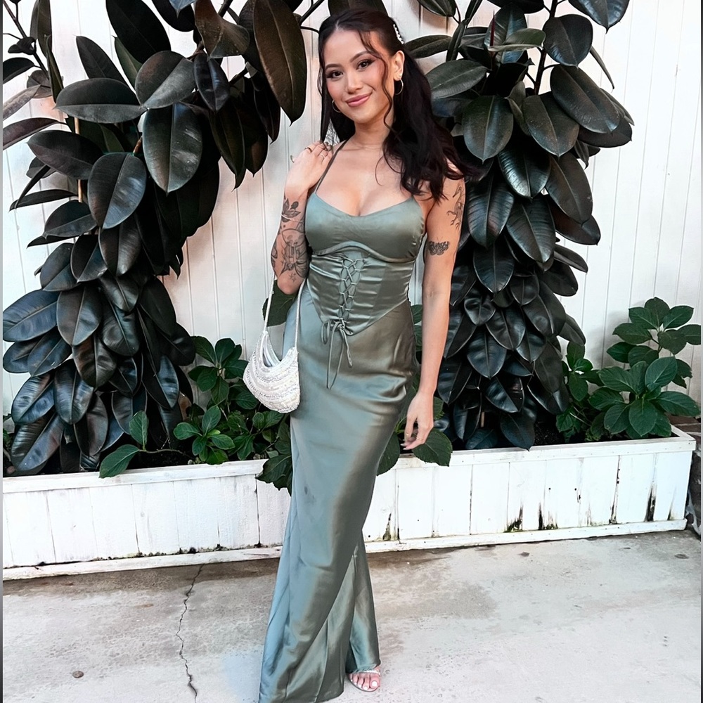 Sage green evening gown